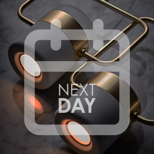 Next Day Delivery image, calendar icon over an image of Seed Design Ling pendant lights in white & brass