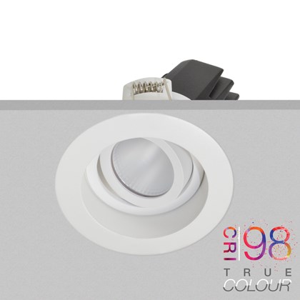 DLD Eiger 1-R architectural round adjustable CRI98 LED downlight, recessed into a white ceiling alternative image