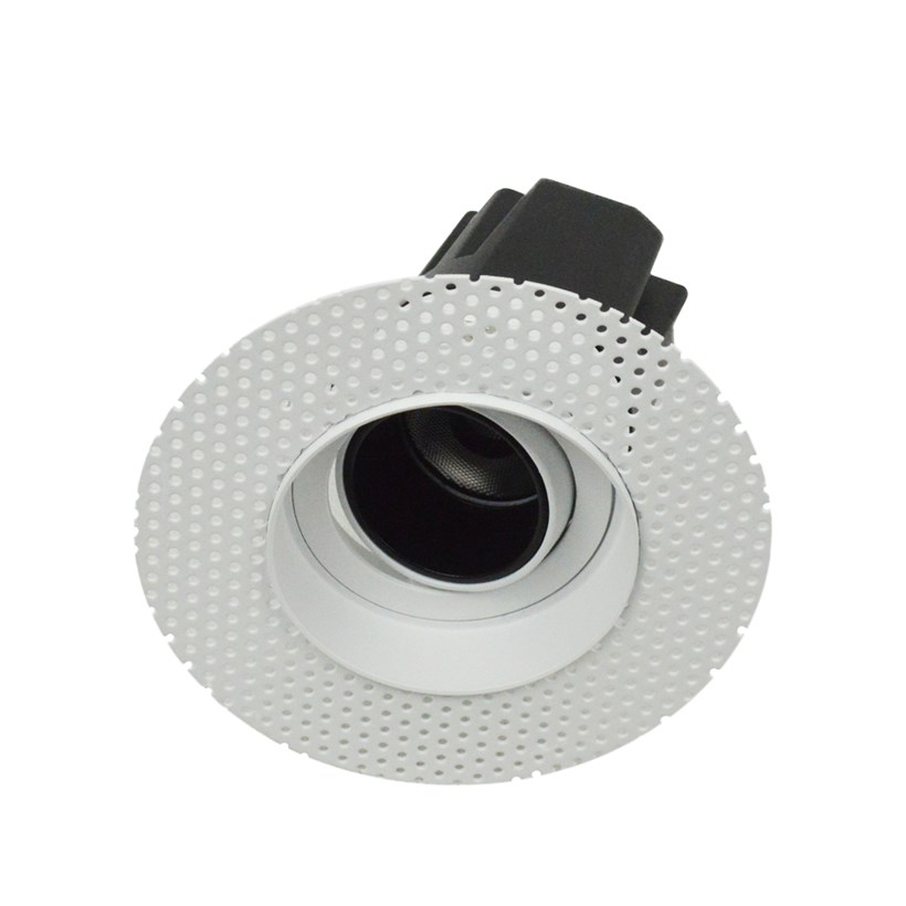 3/4 view DLD Andes 1-R True Colour CRI98 plaster-in adjustable recessed downlight showing round plaster kit with tilted light engine on white background