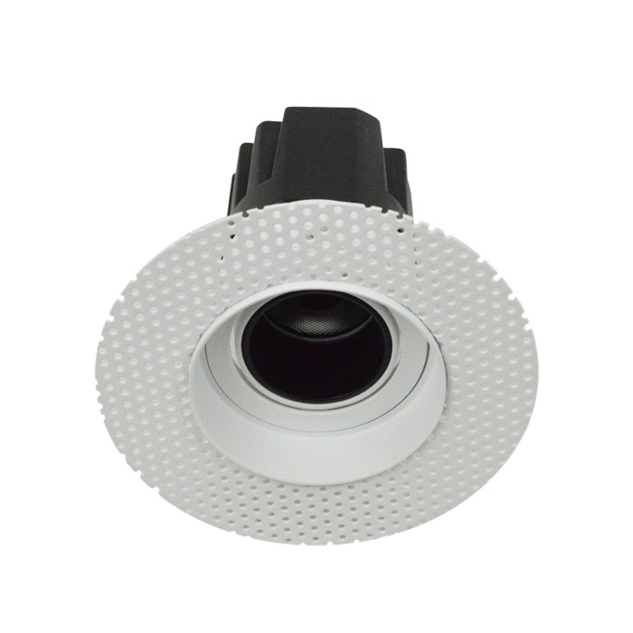 3/4 view DLD Andes 1-R True Colour CRI98 plaster-in adjustable recessed downlight showing round plaster kit on white background