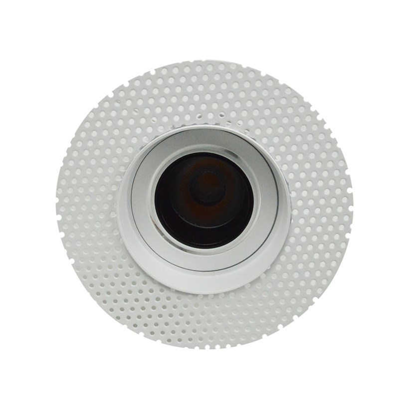 Straight on view DLD Andes 1-R True Colour CRI98 plaster-in adjustable recessed downlight showing round plaster kit on white background