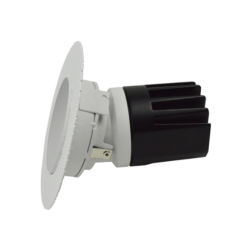 Side view DLD Andes 1-R True Colour CRI98 plaster-in adjustable recessed downlight showing round plaster kit on white background