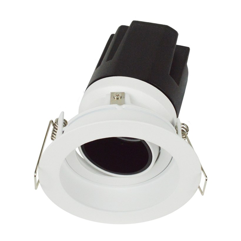 3/4 view DLD Andes 1-R True Colour CRI98 round adjustable recessed downlight with trim tilted light engine on white background