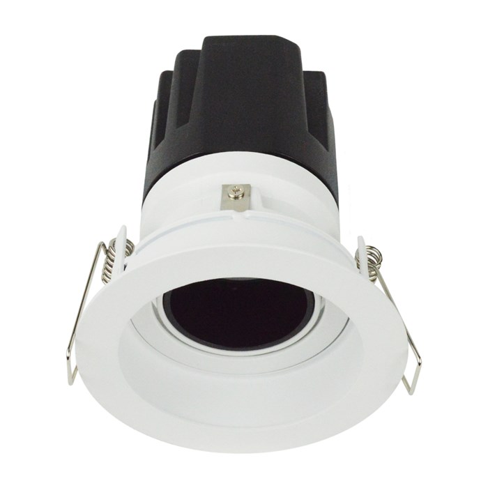 3/4 view DLD Andes 1-R True Colour CRI98 round adjustable recessed downlight with trim straight light engine on white background