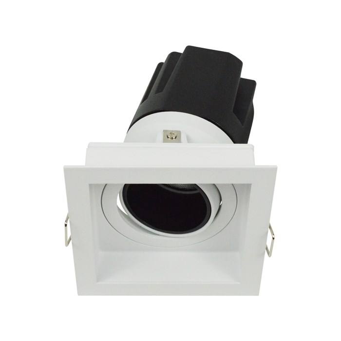 3/4 view DLD Andes 1-S True Colour CRI98 square adjustable recessed downlight with trim & tilted light engine on white background