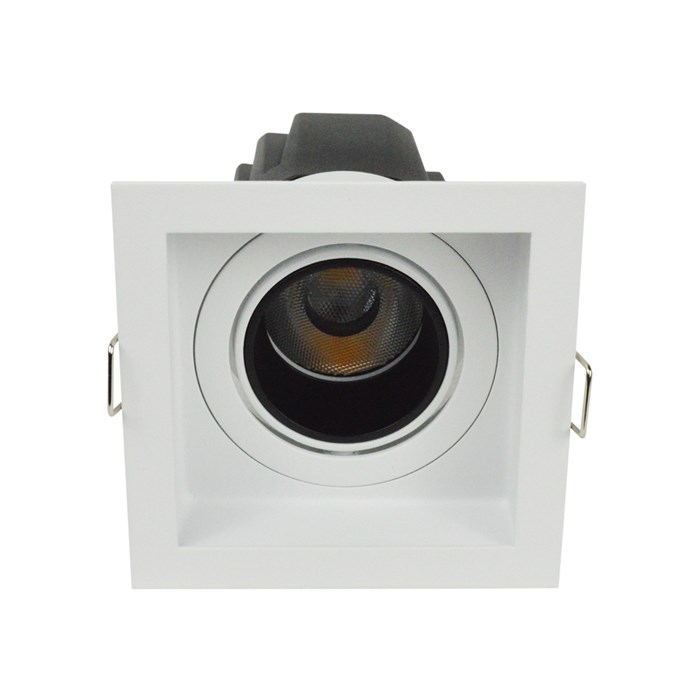 3/4 view DLD Andes 1-S True Colour CRI98 square adjustable recessed downlight with trim & straight light engine on white background