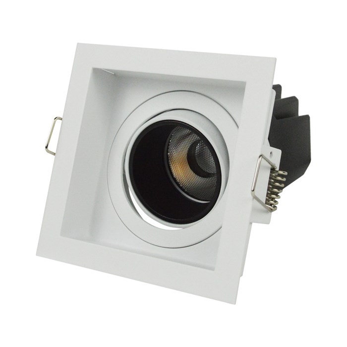 3/4 side elevation view of DLD Andes 1-S True Colour CRI98 adjustable recessed downlight with square trim on white background