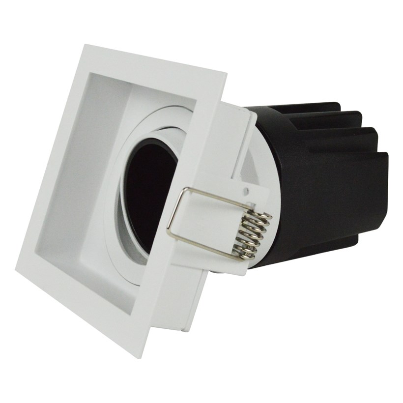Side elevation view of DLD Andes 1-S True Colour CRI98 adjustable recessed downlight with square trim on white background