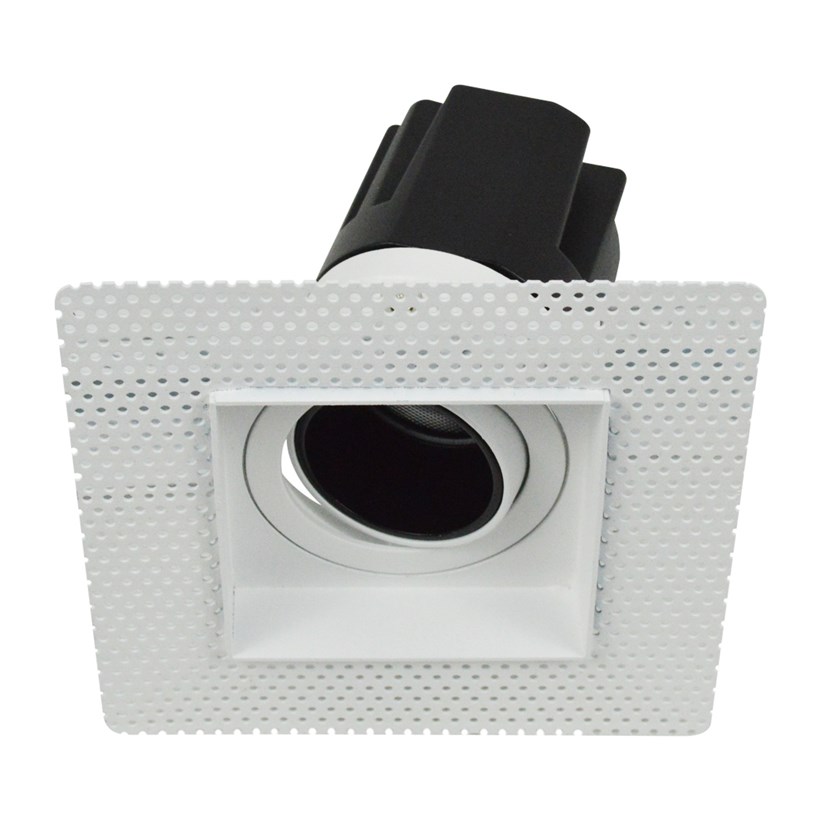 DLD Andes 1-S True Colour CRI98 plaster-in adjustable recessed downlight showing square plaster kit with tilted light engine on white background