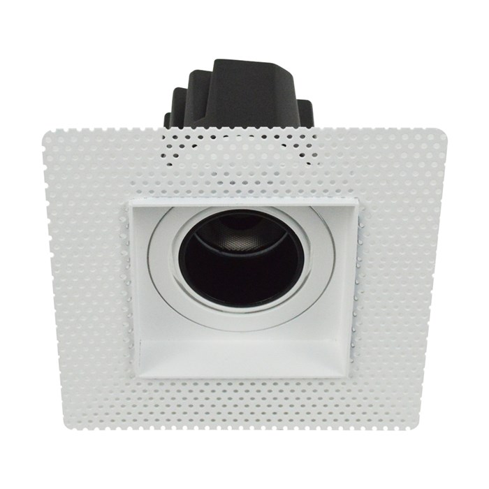 DLD Andes 1-S True Colour CRI98 plaster-in adjustable recessed downlight showing square plaster kit with straight light engine on white background