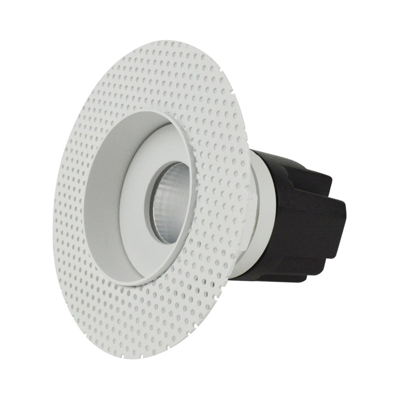 3/4 view of DLD Eiger Mini 1-R LED round plaster-in fixed downlight showing the plaster-in kit & the aluminium heat sink