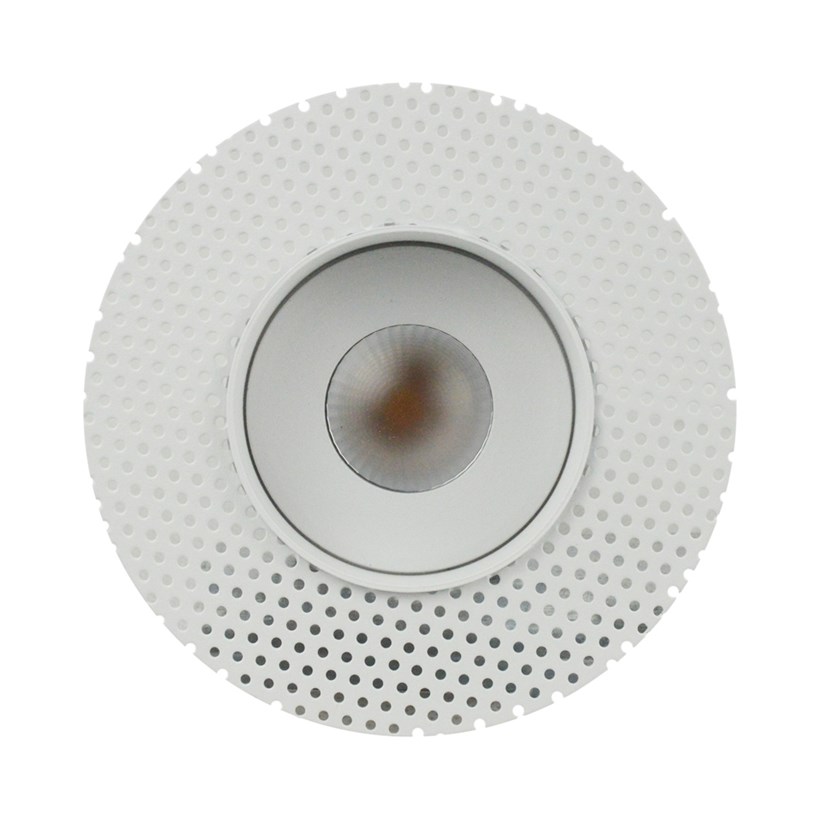 Front view of DLD Eiger Mini 1-R LED round plaster-in fixed downlight showing the plaster-in kit & the aluminium heat sink