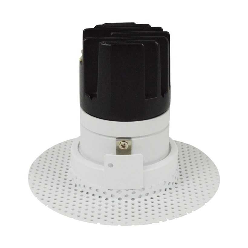 Side view of DLD Eiger Mini 1-R LED round plaster-in fixed downlight showing the plaster-in kit & the aluminium heat sink