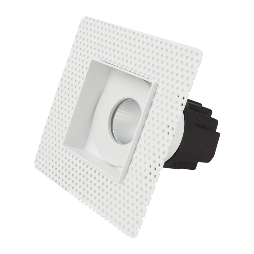 3/4 view of DLD Eiger Mini 1-S LED square plaster-in fixed downlight showing the plaster-in kit & the aluminium heat sink
