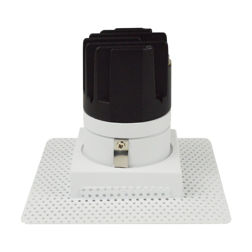 Side view of DLD Eiger Mini 1-S LED square plaster-in fixed downlight showing the plaster-in kit & the aluminium heat sink