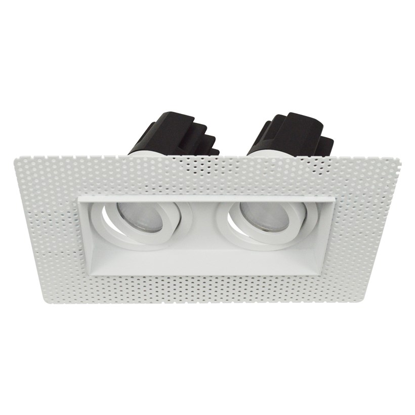 Top down 3/4 view of DLD Eiger Mini 2 twin LED adjustable downlight with plaster-in frame, downlights tilted on white background