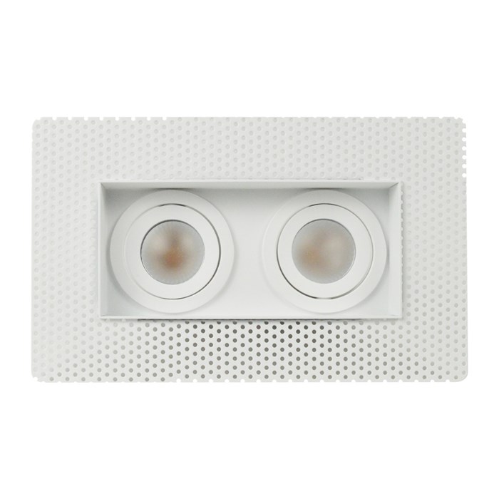Front on view of DLD Eiger Mini 2 twin LED adjustable downlight with plaster-in frame on white background