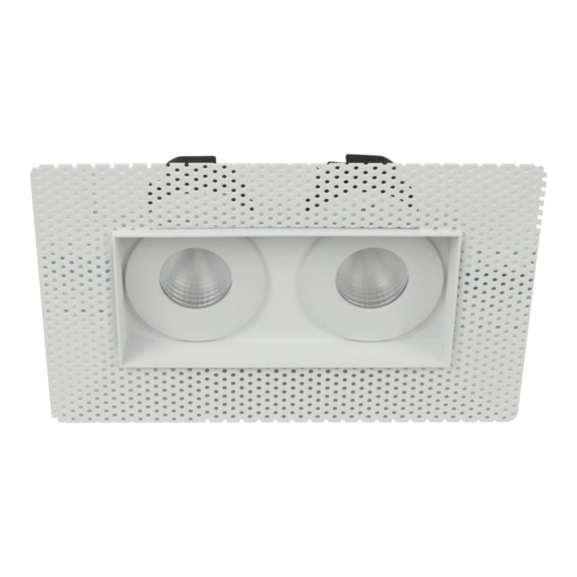 Top down 3/4 view of DLD Eiger Mini 2 twin LED IP65 downlight with plaster-in frame on white background