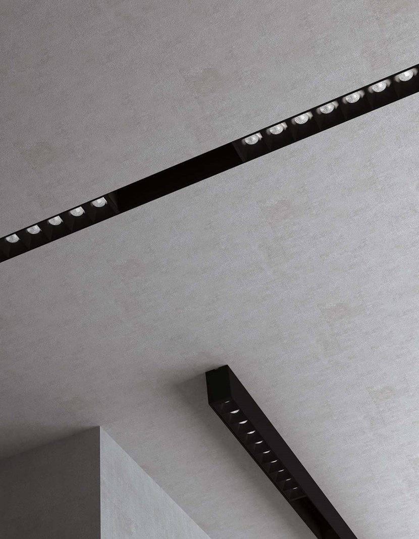 DLD Shadowline recessed and surface mounted track installed with LED downlight modules
