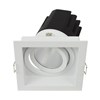3/4 view of DLD Eiger 1-S Adjustable LED Downlight with white square trim frame with a tilted light engine on a white background