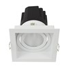 3/4 view of DLD Eiger 1-S Adjustable LED Downlight with white square trim frame with a straight light engine on a white background