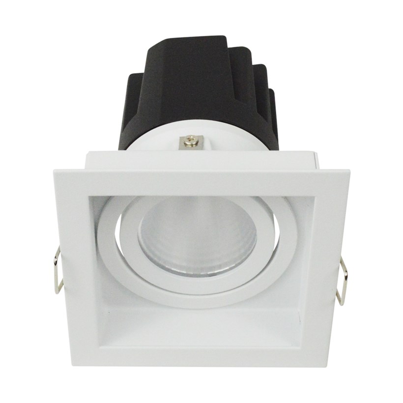 3/4 view of DLD Eiger 1-S Adjustable LED Downlight with white square trim frame with a straight light engine on a white background