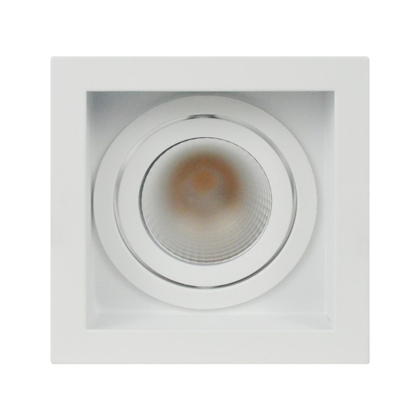 Straight on view of DLD Eiger 1-S Adjustable LED Downlight with white square trim frame on a white background