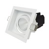 3/4 view of DLD Eiger 1-S Adjustable LED Downlight with white square trim frame with a tilted light engine on a white background