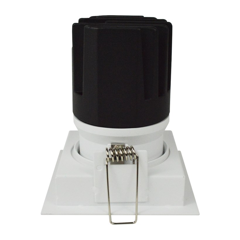 Side view of DLD Eiger 1-S Adjustable LED Downlight with white square trim frame with a straight light engine on a white background