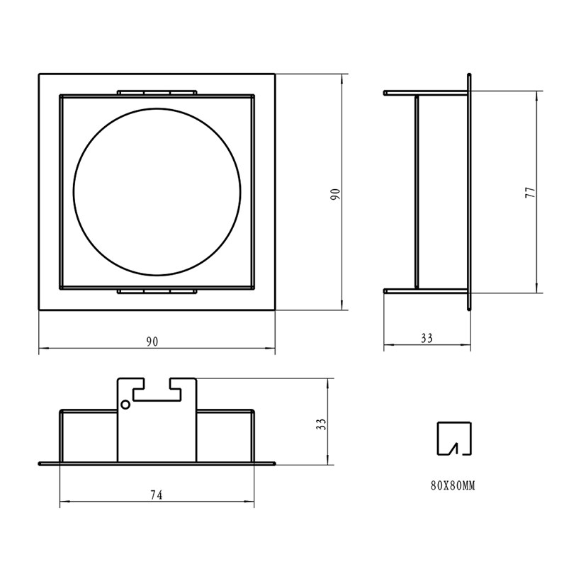 Dimensions diagram of DLD Eiger 1-S square frame with trim component