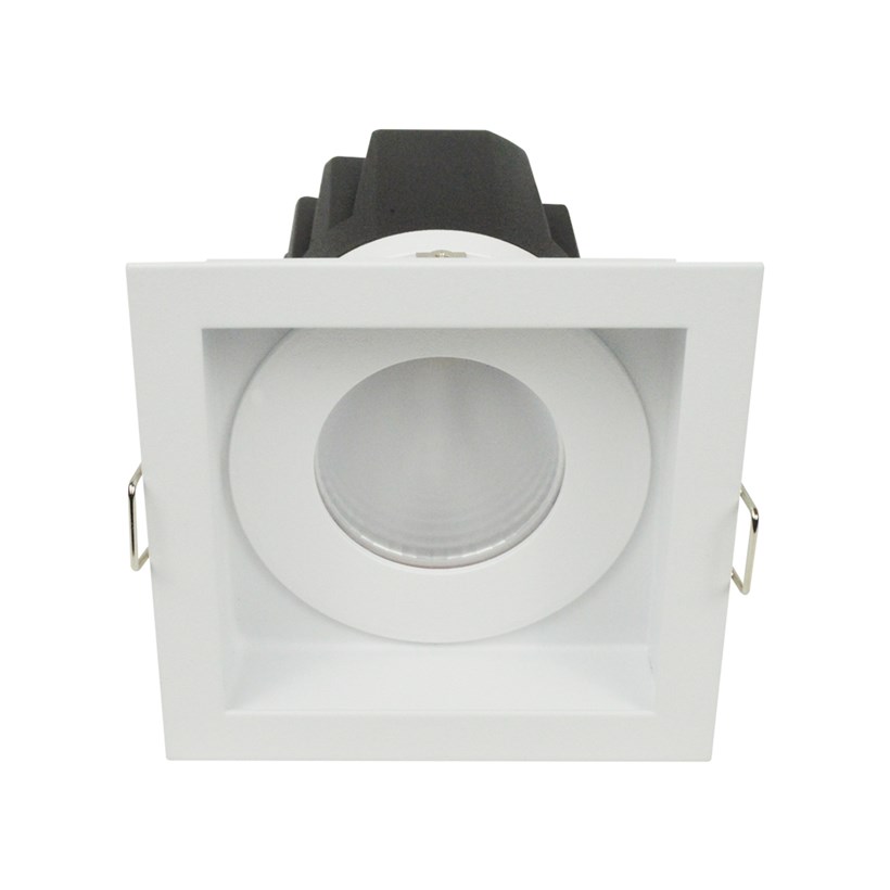 3/4 view of DLD Eiger 1-S fixed IP65 LED downlight with white square trim frame and light engine on a white background