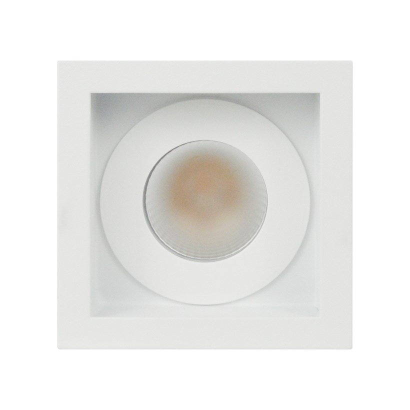 Straight on view of DLD Eiger 1-S fixed IP65 LED downlight with white square trim frame on a white background