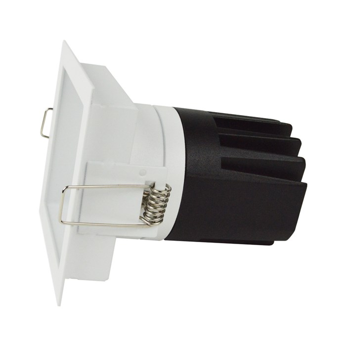 Side view of DLD Eiger 1-S fixed IP65 LED downlight with white square trim frame and light engine on a white background