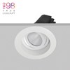 DLD Eiger 1-R adjustable LED recessed downlight with round white bezel, installed in the ceiling & showing the tilted light engine heat sink & True Colour CRI98 logo