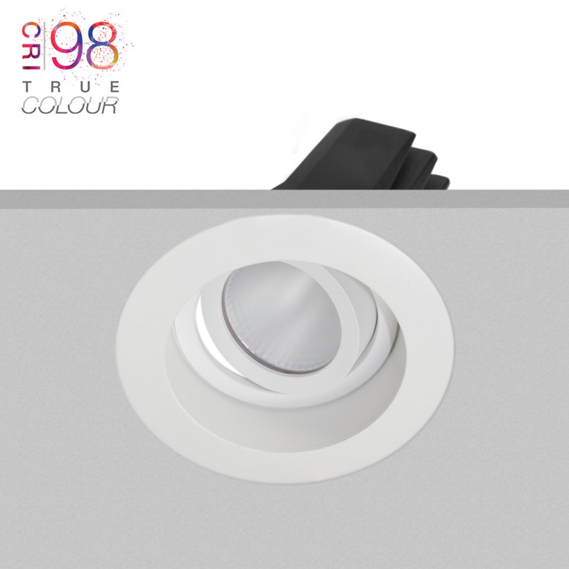 DLD Eiger 1-R adjustable LED recessed downlight with round white bezel, installed in the ceiling & showing the tilted light engine heat sink & True Colour CRI98 logo