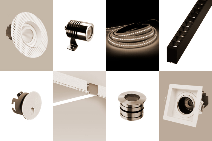 Thumb Lighting Design Specification and Supply - montage of contemporary products used on a specification, including plaster-in trimless downlights, downlights with trim, LED tape, aluminium profile, floor uplighters, recessed step lights, outdoor spike spots & track