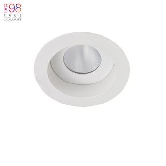 DLD Eiger 1-R architectural round fixed CRI98 LED downlight, recessed into a white ceiling, IP65 waterproof