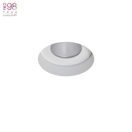 DLD Eiger 1-R architectural plaster-in round fixed CRI98 LED downlight, recessed into a white ceiling, IP65 waterproof