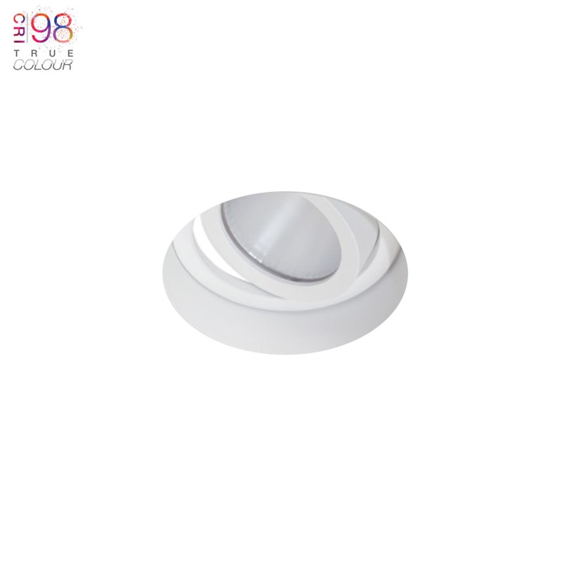DLD Eiger 1-R architectural plaster-in round adjustable CRI98 LED downlight, recessed into a white ceiling