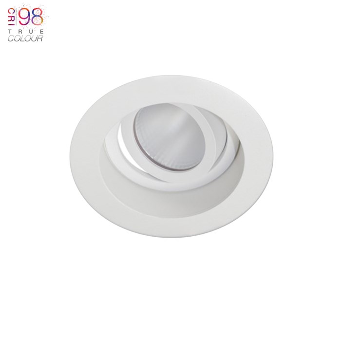 DLD Eiger 1-R architectural round adjustable CRI98 LED downlight, recessed into a white ceiling