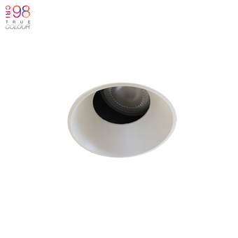 DLD K2 plaster-in round adjustable architectural CRI98 LED downlight, recessed into a white ceiling 