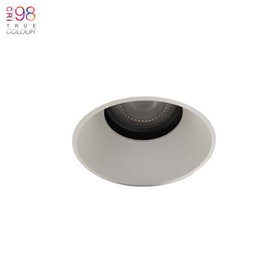 DLD K2 plaster-in round fixed architectural CRI98 LED downlight, recessed into a white ceiling 