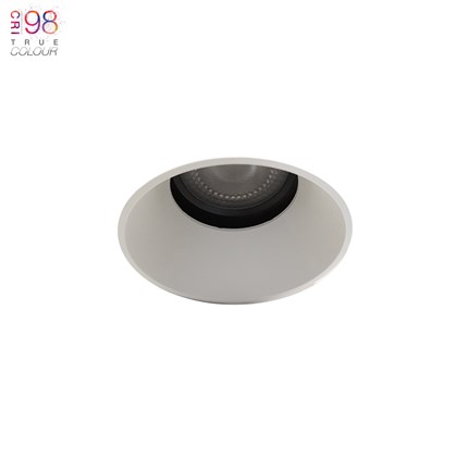 DLD K2 plaster-in round fixed architectural CRI98 LED downlight, recessed into a white ceiling 