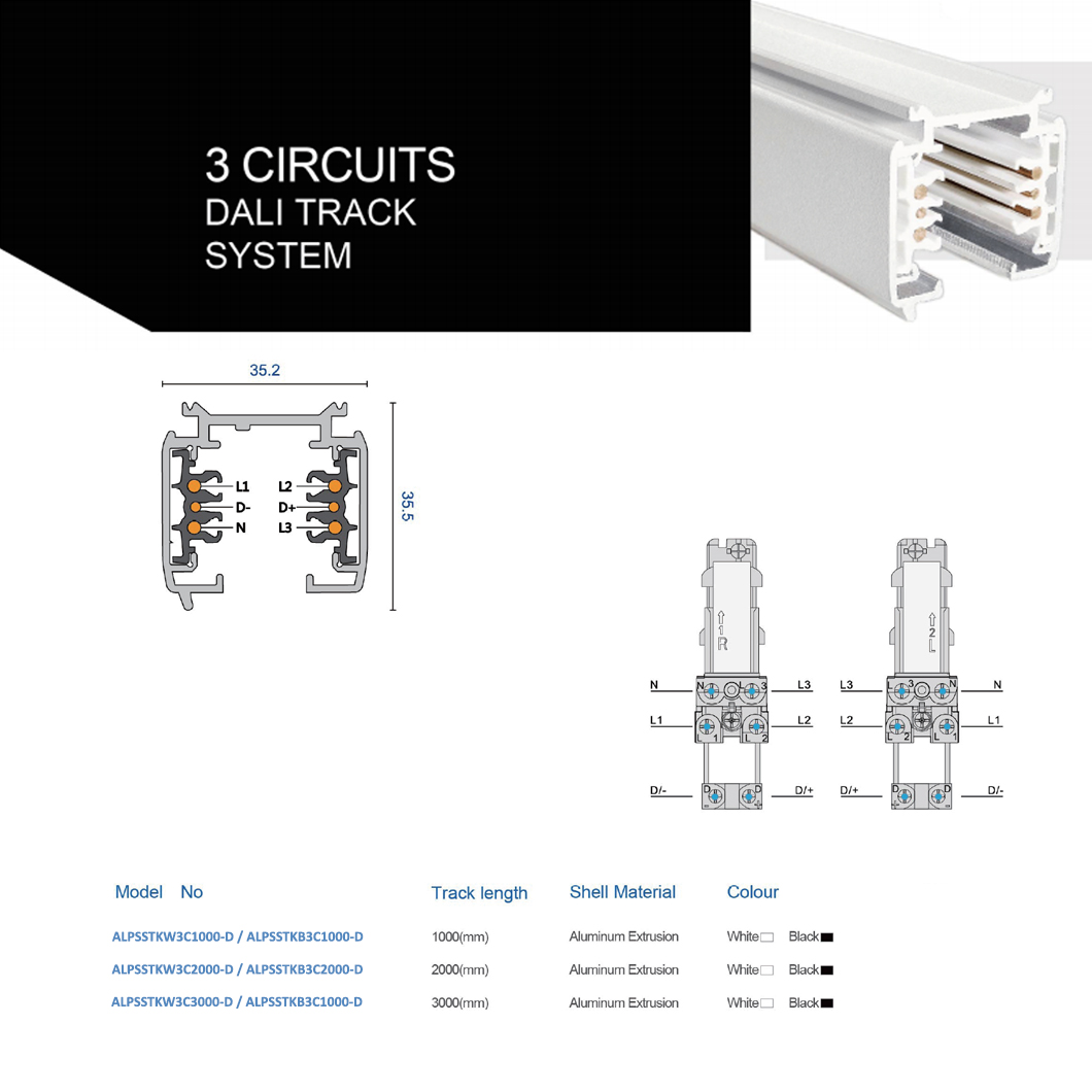 DLD Alps 3 Phase LED Dimmable Surface Mounted Modular Track System Components Darklight Design Lighting Design Supply