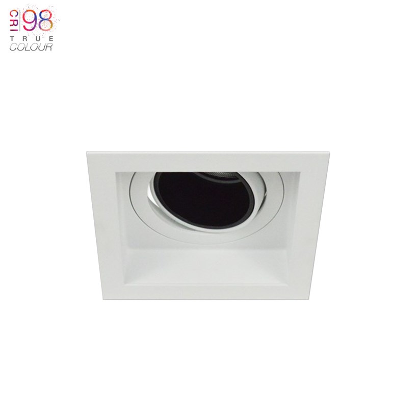 DLD Andes 1 Square Adjustable Recessed Downlight, installed in a white ceiling, with TrueColour CRI98 logo