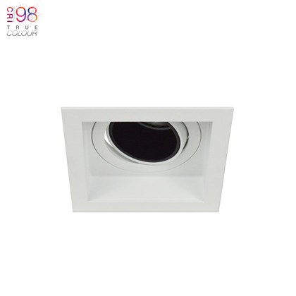 DLD Andes 1 Square Adjustable Recessed Downlight, installed in a white ceiling, with TrueColour CRI98 logo