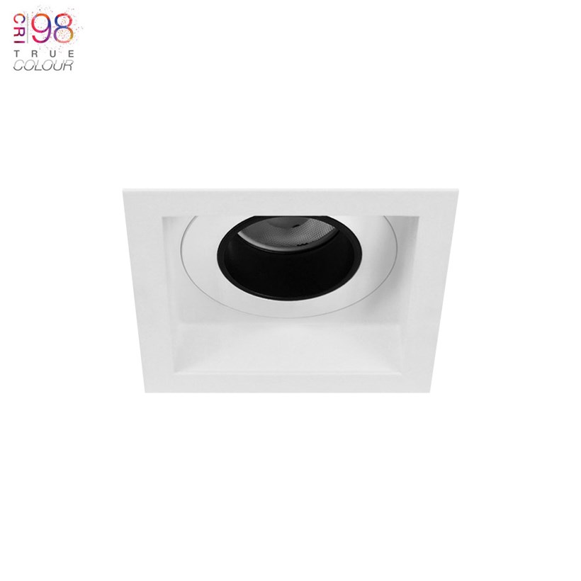 DLD Andes 1 Square Fixed Recessed Downlight, installed in a white ceiling, with TrueColour CRI98 logo