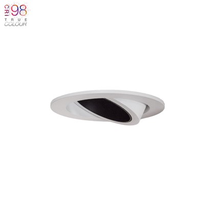 DLD Atlas Recessed Adjustable Downlight, white with black baffle, installed on white with TrueColour CRI98 logo