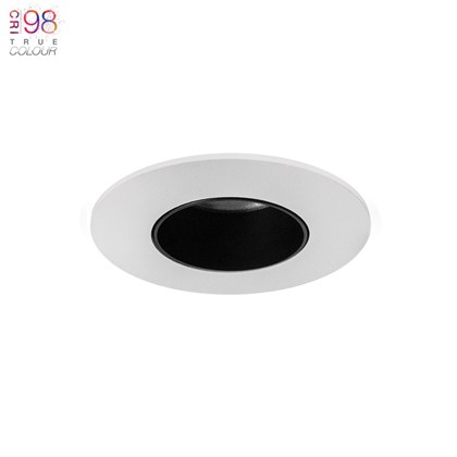 DLD Atlas Recessed Fixed Downlight, white with black baffle, installed on white with TrueColour CRI98 logo