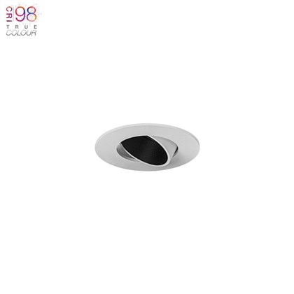 DLD Atlas Mini Recessed Adjustable Downlight, white with black baffle, installed on white with TrueColour CRI98 logo